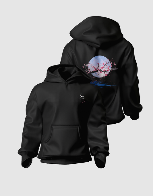 Yugure Classic Sakura Moon™ French Terry Cotton Hoodie Black